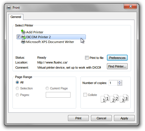 Print Dialog with DICOM Printer 2 selected